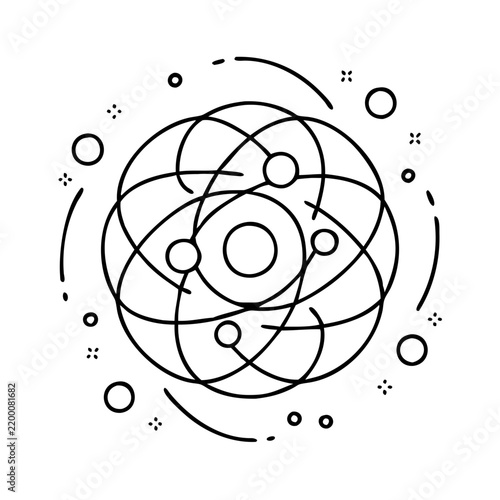 Minimalist atom structure with electron orbits illustration - Clean vector illustration of an atom with electron shells and orbits in a simple design style.