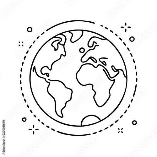 Minimalist globe icon with dotted orbit background - Simple line art globe inside a dotted circular orbit design, clean and modern style