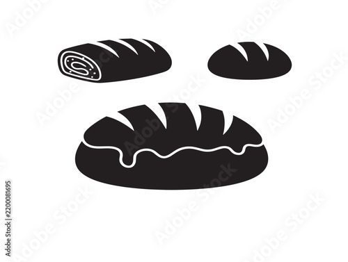 Black and white vector illustration of bakery pastries with chocolate drizzle for food packaging design