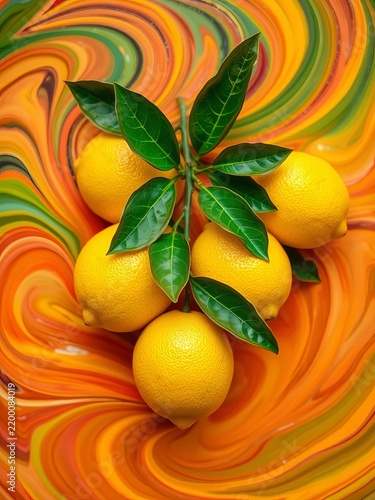 Whole lemons with leaves growing amidst swirling citrus colors, texture, design
