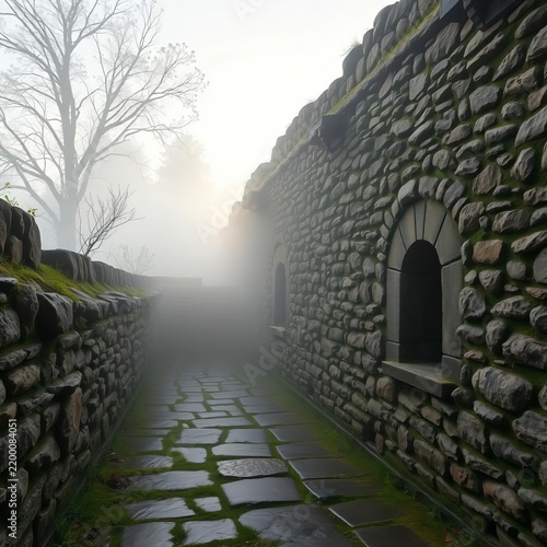 Whispered morning mist settles on weathered stone walls, rustic, dawn