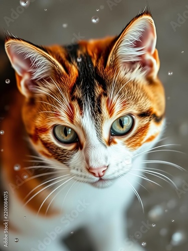 Water droplets glisten on a calico cat's fur as she gazes up at the camera, surrounded by tiny splashes of water, portrait, droplet