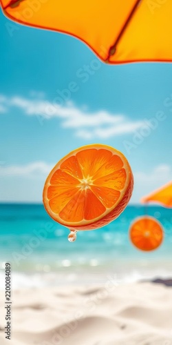 Vibrant orange slice dons trendy shades on sun-kissed beach, ocean, sunny