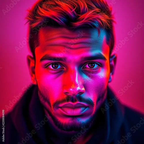 Vibrant neon hues dance across the subject's face as he gazes directly into the camera, striking, expressive