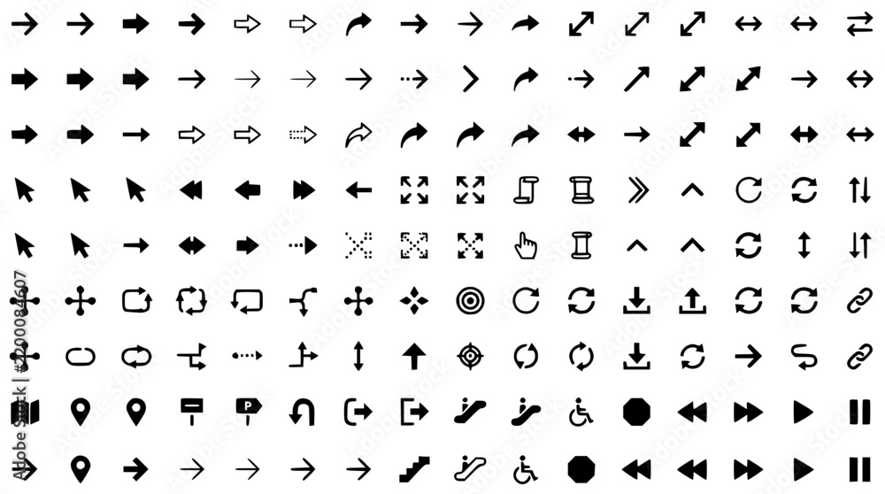 Fototapeta premium Comprehensive collection of various black arrow icons and set with simple line art design featuring outline, illustration, graphic elements with clean design and vector art