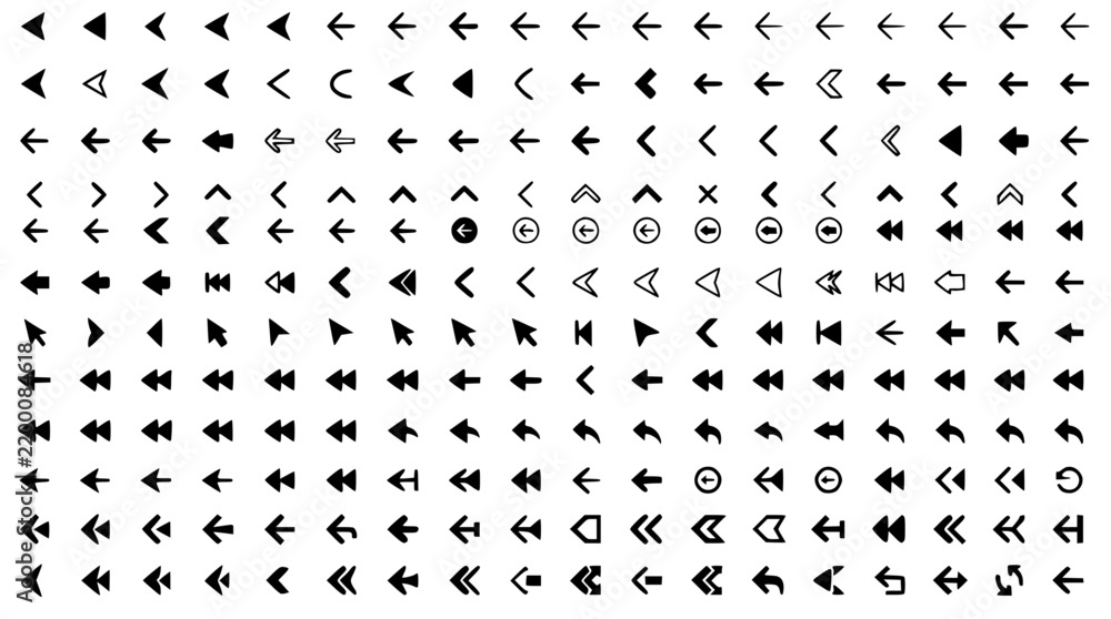 Fototapeta premium Comprehensive collection of various left pointing arrow set with simple line art design featuring outline, illustration, graphic elements with clean design and vector art