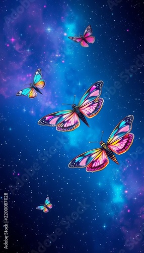 Cosmic moths and dragonflies swirl in iridescent dance across starry night sky with shimmering neon hues of blue, green, and pink, Starlight, Dance