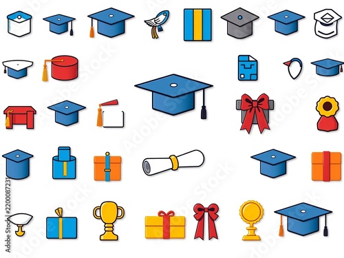 A collection of graduation icons including cap diploma gift and award isolated on white background, icon set, ceremony