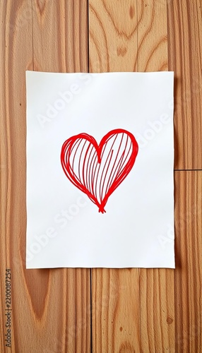 A delicate red heart hand drawn on a piece of paper, heart shape, white background