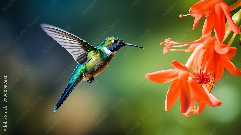 Fototapeta premium Hummingbird feeding on nectar from bright orange flowers in garden.