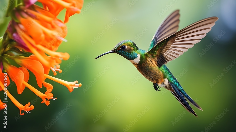 Fototapeta premium Hummingbird feeding on nectar from bright orange flowers in garden.