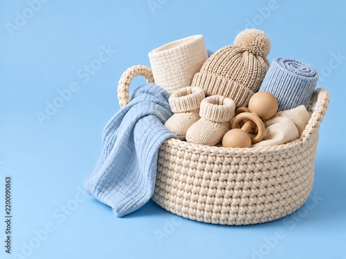 A knitted basket filled with baby including a blue knitted blanket, a beige knitted hat, baby booties, and wooden toys on a solid light blue background