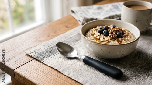 Adaptive spoon with a built-up black handle beside oatmeal and a hot drink on a home table, showing a practical aid for easier gripping and independent eating.