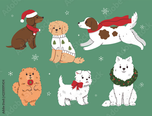 Cute Christmas dogs set in festive outfits on green background, holiday vector clipart