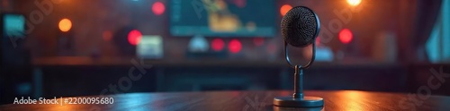 A single, elegant microphone stands poised on a polished table, ready for a broadcast or podcast  Perfect for concepts of communication, broadcasting, audio, and performance ,  radio,  wireless