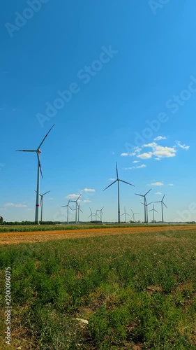Wind turbine farm scattered across green field landscape. Several white wind generators stand in green agricultural field under bright blue sky with small clouds.