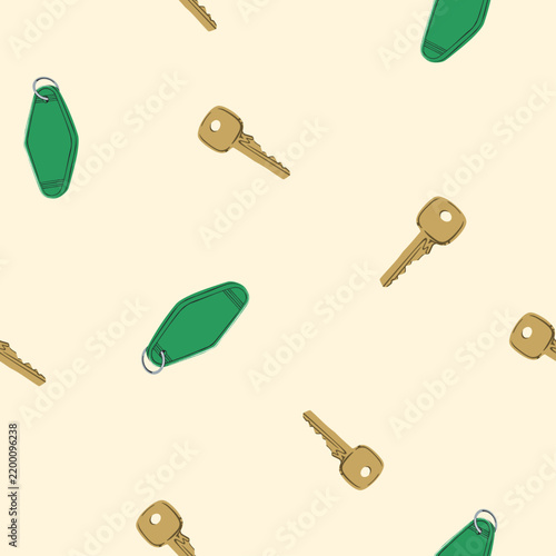 Nostalgic Hotel Room Key Surface Pattern for Travel Branding and Gift Wrap. Designed in a mid-century hand-drawn doodle style.