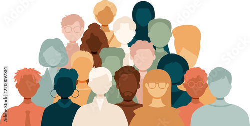 Different people stand side by side together. Modern colorful design.
