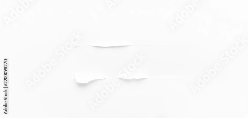 Close-up of a piece of white paper with a jagged, irregular tear, isolated on a pure white background,  broken, torn paper