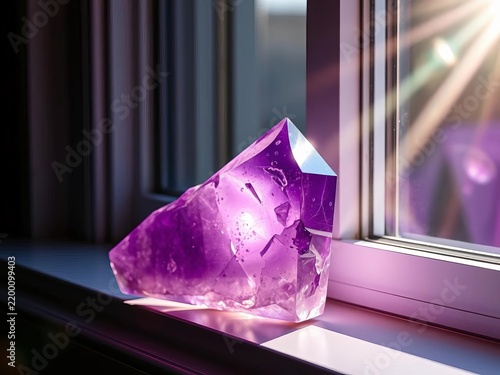 Amethyst crystal point glows with soft purple light on windowsill, morning sunbeams dance across its facets, mineral, amethyst