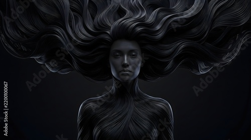 Surreal woman with enormous flowing black hair and hair-like strands covering her torso, creating a dark conceptual portrait about identity, transformation and mental complexity.