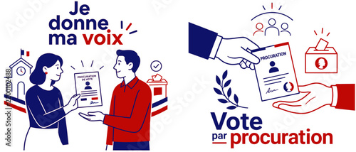 Illustration infographie bleu blanc rouge sur le vote par procuration
