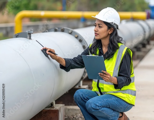 Young Engineer Inspecting Pipeline Infrastructure with Clipboard and Measuring Device in Industrial Setting