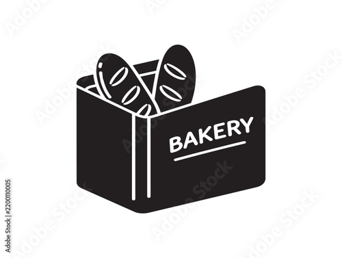 Minimalist bakery logo icon featuring bread loaves in shopping bag for food brand identity