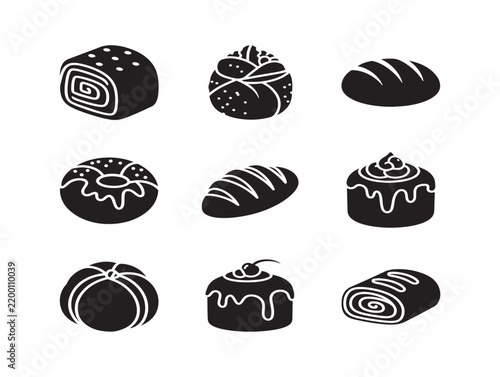 Black and white vector donuts and pastries icon set for bakery branding and food packaging design