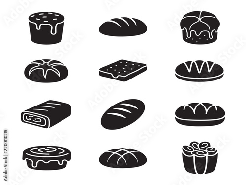 Black and white bakery menu icons featuring assorted pastries and breads in flat vector style