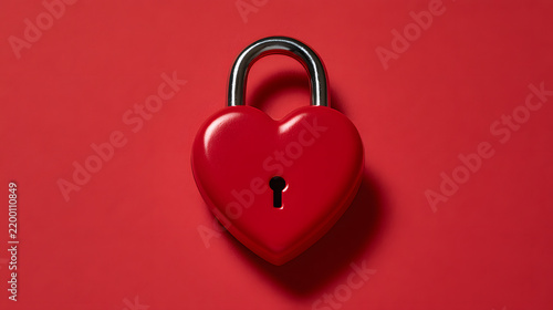 Red heart shaped padlock on a solid red background symbolizing love romance passion and commitment on valentines day concept studio shot with bright lighting and smooth metallic details representing d