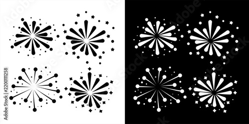 A collection of abstract firework bursts and explosion icons presented in two inverted versions, featuring black silhouettes on a white background and white silhouettes on a black background.