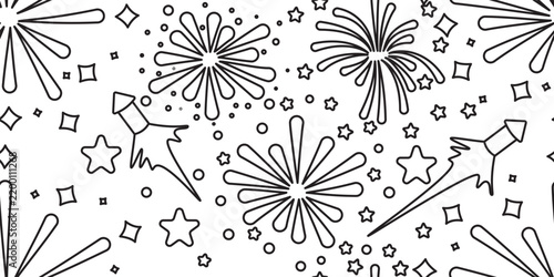 A monochrome seamless pattern featuring black outline illustrations of flying holiday rockets, exploding firework bursts, stars, and confetti geometric shapes scattered on a white background.