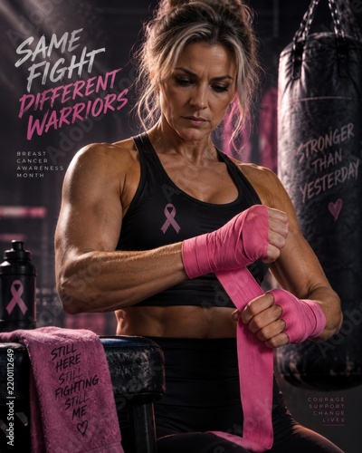 Strong female fighter wraps hands for battle, promoting breast cancer awareness