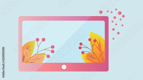TV and tablet screens displaying autumn leaves, berries, and rowan berries; a vector illustration of autumn.