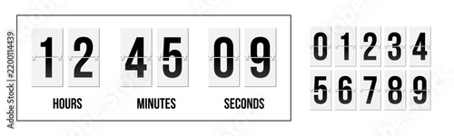 Flip countdown numbers set. Mechanical flip clock display with countdown numbers and classic analog timer design showing hours, minutes, and digital scoreboard digits. Realistic vector illustration