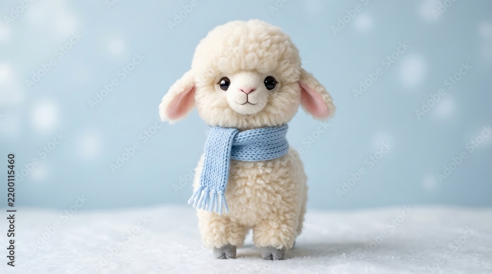 Fototapeta premium A cute fluffy toy llama wearing a soft blue knitted scarf on a winter background.