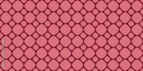 Seamless ikat pattern with pink and burgundy rounded ogee shapes, ethnic vector background