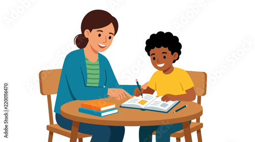 Female Teacher Helping a Young Student Study and Write in a Classroom Setting