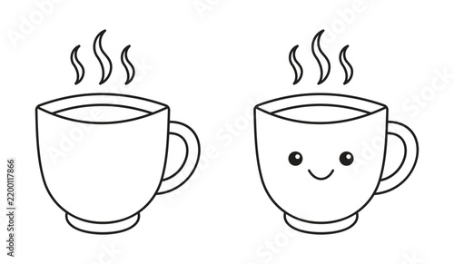 Coffee Cup Line Art Set with Cute Smiling Mug