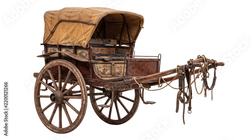 Canvastavla Vintage wooden carriage with canvas roof, antique horse-drawn wagon with decorat
