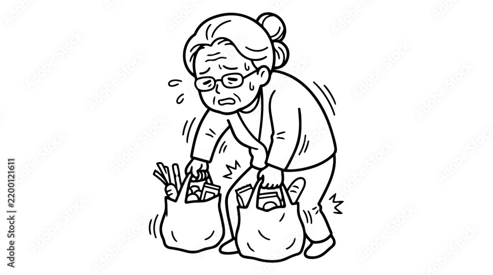Fototapeta premium Elderly Woman Carrying Heavy Groceries Line Art Illustration
