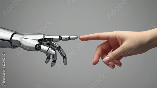 Robotic Hand and Human Hand Touch – AI, Technology, and Human Connection Conceptual Image, Futuristic Innovation.