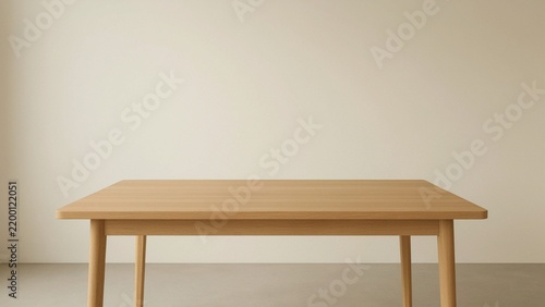 Minimalist wooden dining table isolated in neutral interior room setting