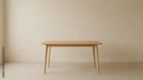 Minimalist wooden dining table isolated in neutral interior room setting