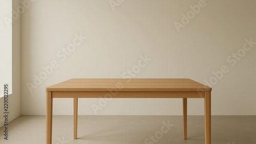 Minimalist wooden dining table isolated in neutral interior room setting