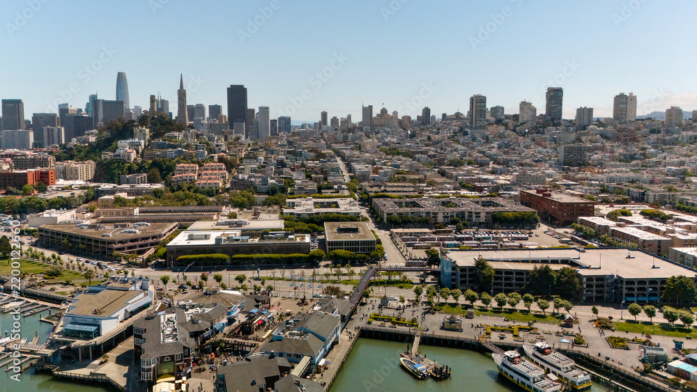 Fototapeta premium Aerial view of San Francisco skyline with marina and city streets