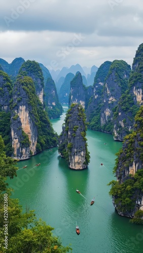Emerald Waters of Ha Long Bay, Vietnam: Limestone Karsts and Traditional Boats Scenic Landscape Photography.