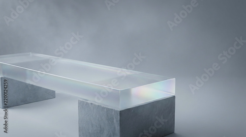 Translucent Iridescent Rectangular Slab Resting Across Two Gray Stone Blocks