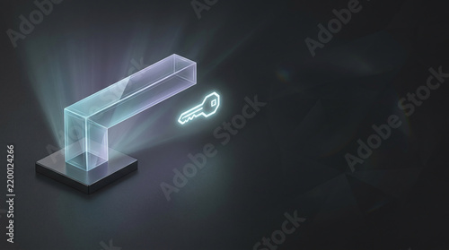 Translucent L Shaped Structure and Glowing Key on Dark Background